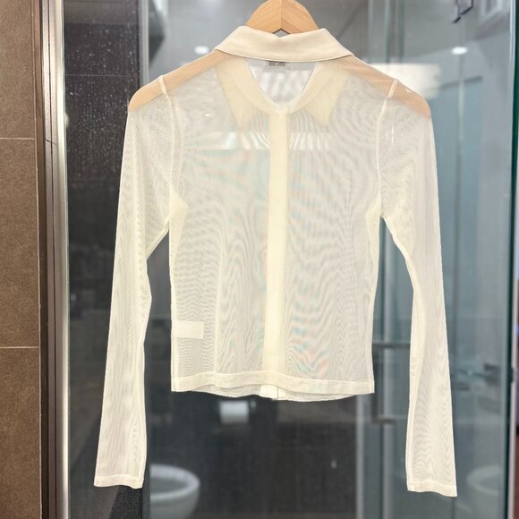 (NWOT) NLT Collared Mesh Sheer Button-Down Long Sleeve Blouse (White) - Picture 10 of 14